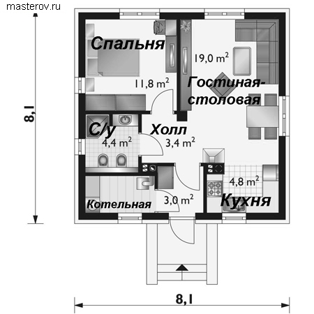 Проект кирпичного дома № A-050-1K - 1-й этаж
