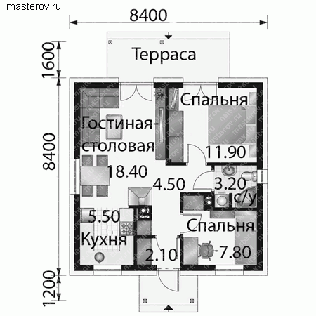 Проект пенобетонного дома № A-053-1P - 1-й этаж