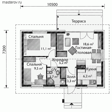 Проект пенобетонного дома № A-058-1P - 1-й этаж