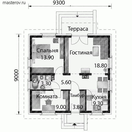 Проект кирпичного дома № A-063-1K - 1-й этаж