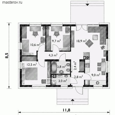 Проект кирпичного дома № A-077-1K - 1-й этаж