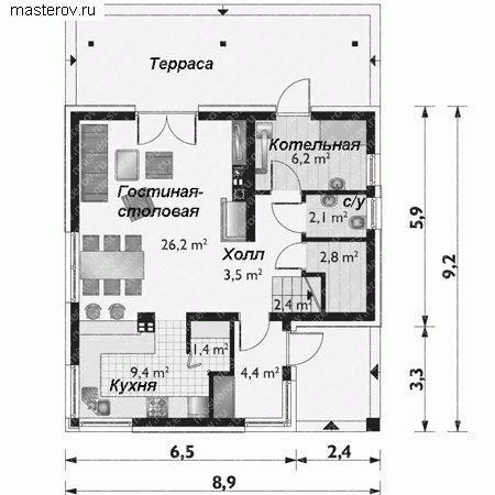 Проект пенобетонного дома № A-120-1P - 1-й этаж