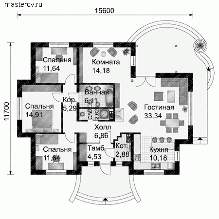 Одноэтажный дом проект № A-124-1P - 1-й этаж