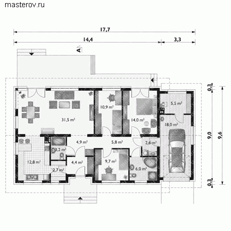 Проект пенобетонного дома № A-132-1P - 1-й этаж