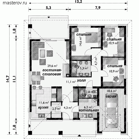 Проект кирпичного дома № A-133-1K - 1-й этаж