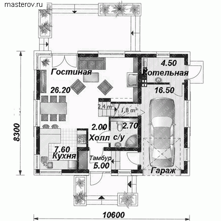 Проект пенобетонного дома № A-136-1P - 1-й этаж