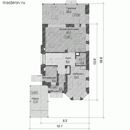 Проект кирпичного узкого дома № A-138-1K - 1-й этаж