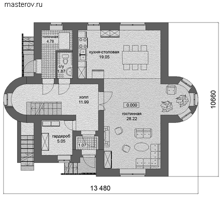Проект 2 этажного дома из кирпича № A-148-1K - 1-й этаж