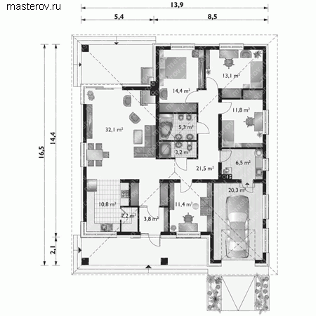 Проект кирпичного дома № A-156-1K - 1-й этаж