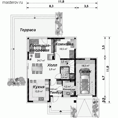 Проект пенобетонного дома № A-158-1P - 1-й этаж