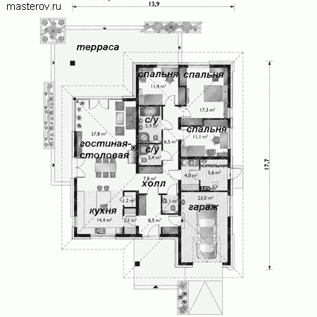 Проект кирпичного дома № A-163-1K - 1-й этаж