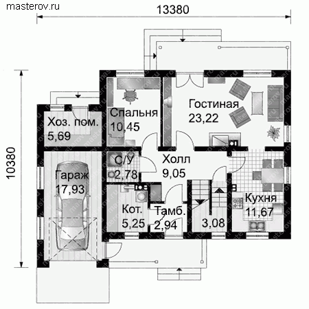 Одноэтажный дом с эксплуатационной мансардой № A-167-1P - 1-й этаж