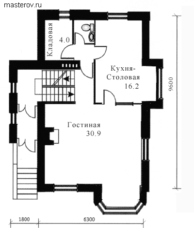Проект дома с цоколем № A-172-1K - 1-й этаж