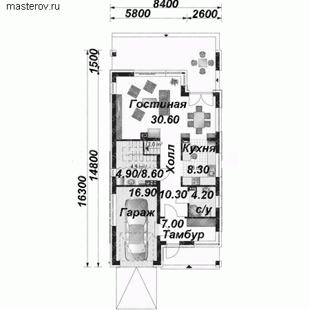 Проект пенобетонного дома № A-172-1P - 1-й этаж