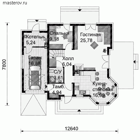 Двухэтажный жилой дом № A-182-1P - 1-й этаж