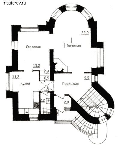 Проект кирпичного дома с цокольным этажом № A-205-1K - 1-й этаж