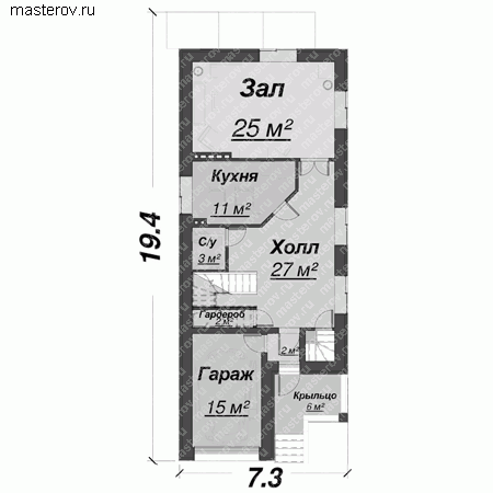 Проект кирпичного узкого дома № A-228-1K - 1-й этаж
