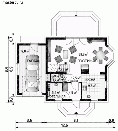 Проект европейского дома № A-233-1P - 1-й этаж