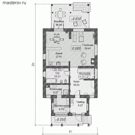 Проект кирпичного узкого дома № A-237-1K - 1-й этаж