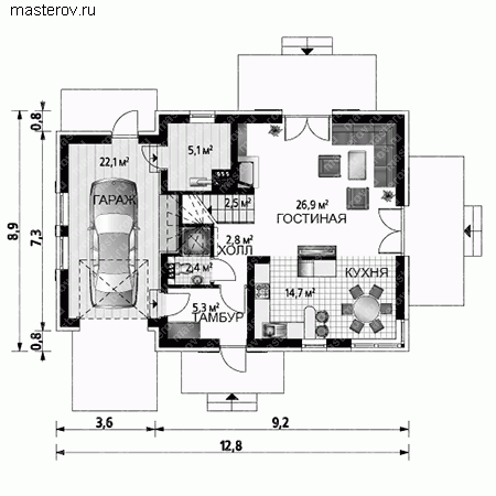 Двухэтажный дом с гаражом на 1 а/м № A-237-1P - 1-й этаж