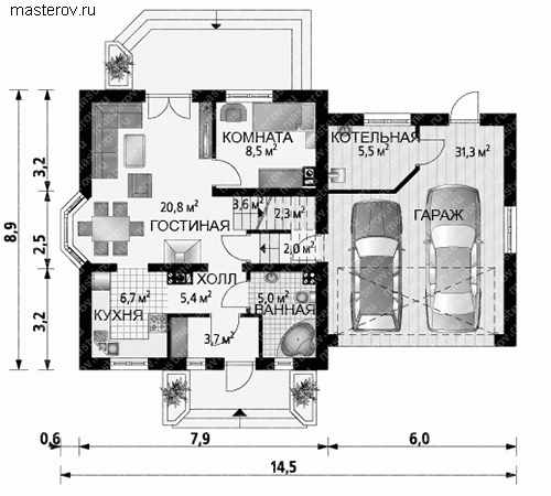 Загородный дом из керамических блоков № A-264-1K - 1-й этаж