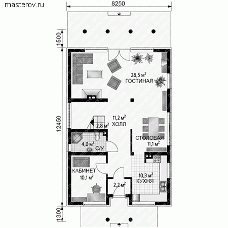 Загородный дом с двускатной кровлей № A-272-1K - 1-й этаж