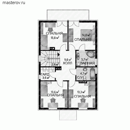 Загородный дом с двускатной кровлей № A-272-1K - 2-й этаж