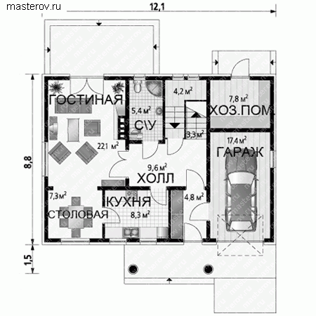 Одноэтажный загородный дом проект № A-290-1K - 1-й этаж
