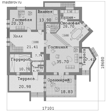 Проект цокольного дома с мансардой № A-323-1K - 1-й этаж