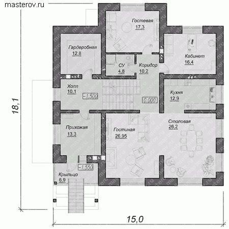 Проект кирпичного дома № A-460-1K - 1-й этаж
