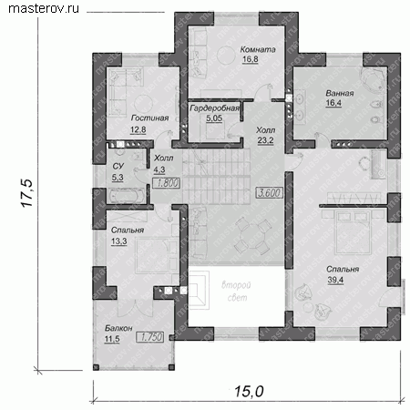 Проект кирпичного дома № A-460-1K - 2-й этаж