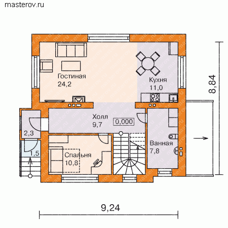 Проект пенобетонного дома с сауной № B-169-1P - 1-й этаж