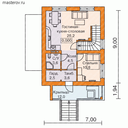 Коттедж 7 на 9 с цокольным этажом  № B-170-1P - 1-й этаж