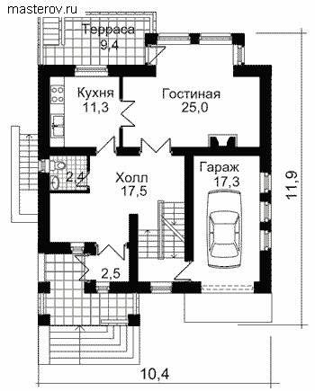 Проект дома с гаражом и террасой № B-239-1K [30-18, С-010, 7-263] - 1-й этаж
