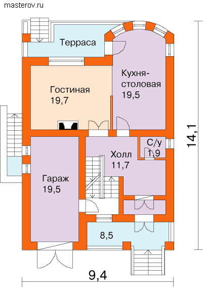 Проект дома с 2 балконами № B-249-1K [30-07, С-003] - 1-й этаж