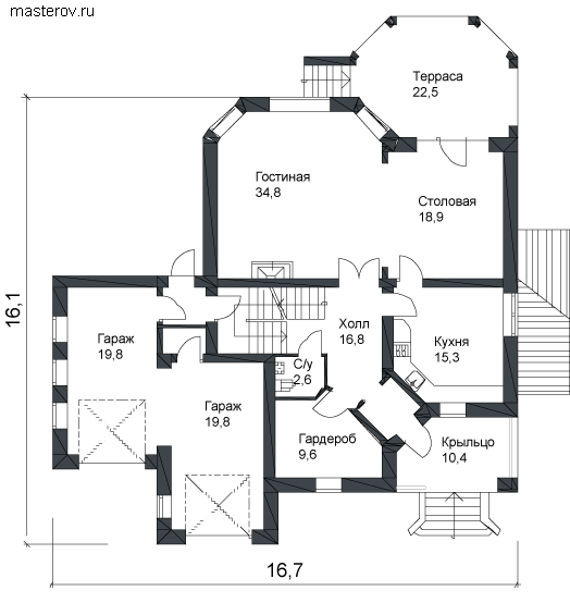 Проект дома с крыльцом № B-415-1K - 1-й этаж