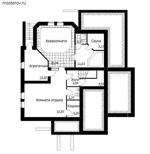 Проект дома с бассейном на цокольном этаже № B-423-1K [34-33] - цоколь