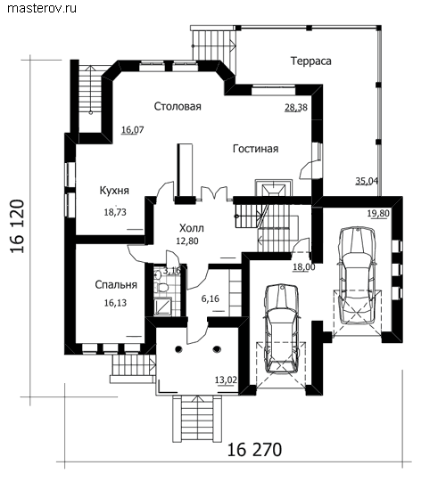 Проект дома с бассейном на цокольном этаже № B-423-1K [34-33] - 1-й этаж