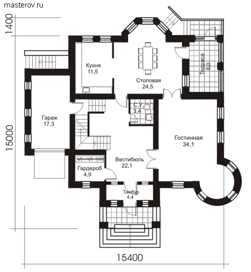 Проект коттедж с эркером № B-460-1K - 1-й этаж