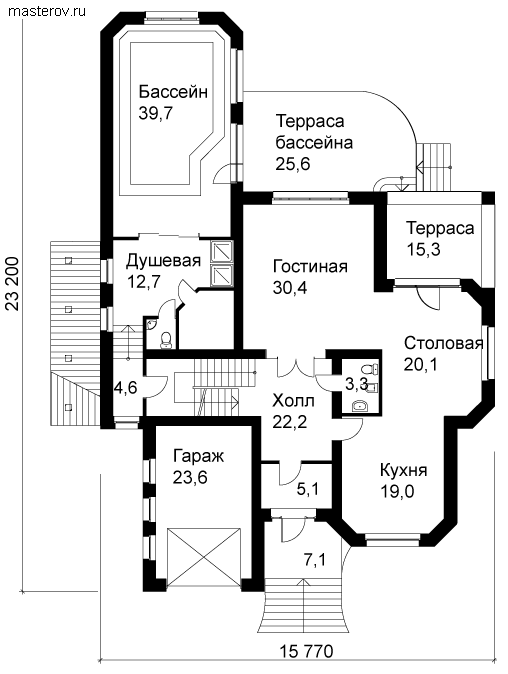 Проект дома-коттеджа с цоколем № B-590-1K - 1-й этаж