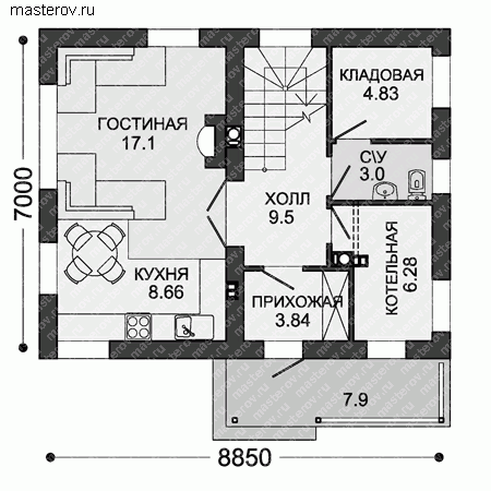 Проект пенобетонного дома № C-100-1P - 1-й этаж