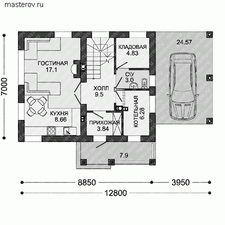 Проект пенобетонного дома № C-100-3P - 1-й этаж