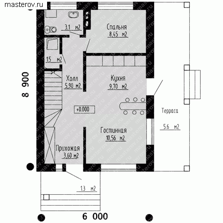 Проект пенобетонного дома № C-104-1P - 1-й этаж
