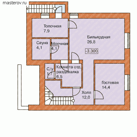 Проект кирпичного дома с сауной № C-158-1K [33-69] - цоколь