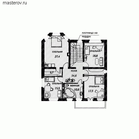 Дом из кирпича с цокольным этажом № C-237-1K - 2-й этаж