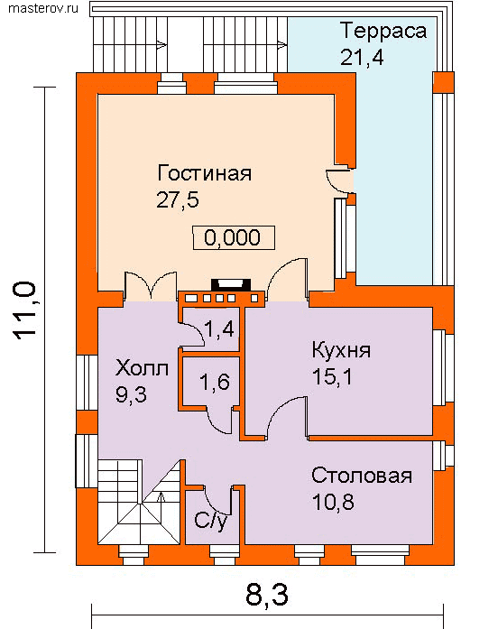 3 этажный дом с мансардой № C-257-1K - 1-й этаж