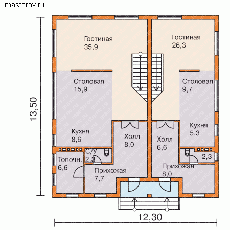 Проект пенобетонного дома на две семьи № C-258-1P - 1-й этаж