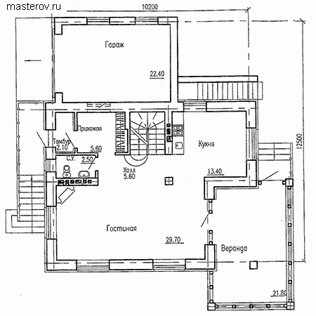 Дом с цокольным этажом и мансардой № C-310-1K - 1-й этаж