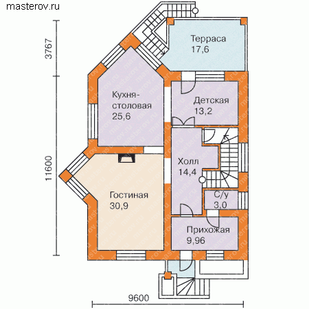 Проект дома-коттеджа из кирпича № C-312-1K [32-57] - 1-й этаж