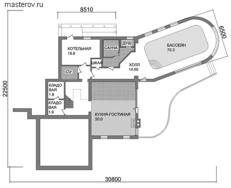 Проект коттеджа с бассейном № C-401-1K - 1-й этаж